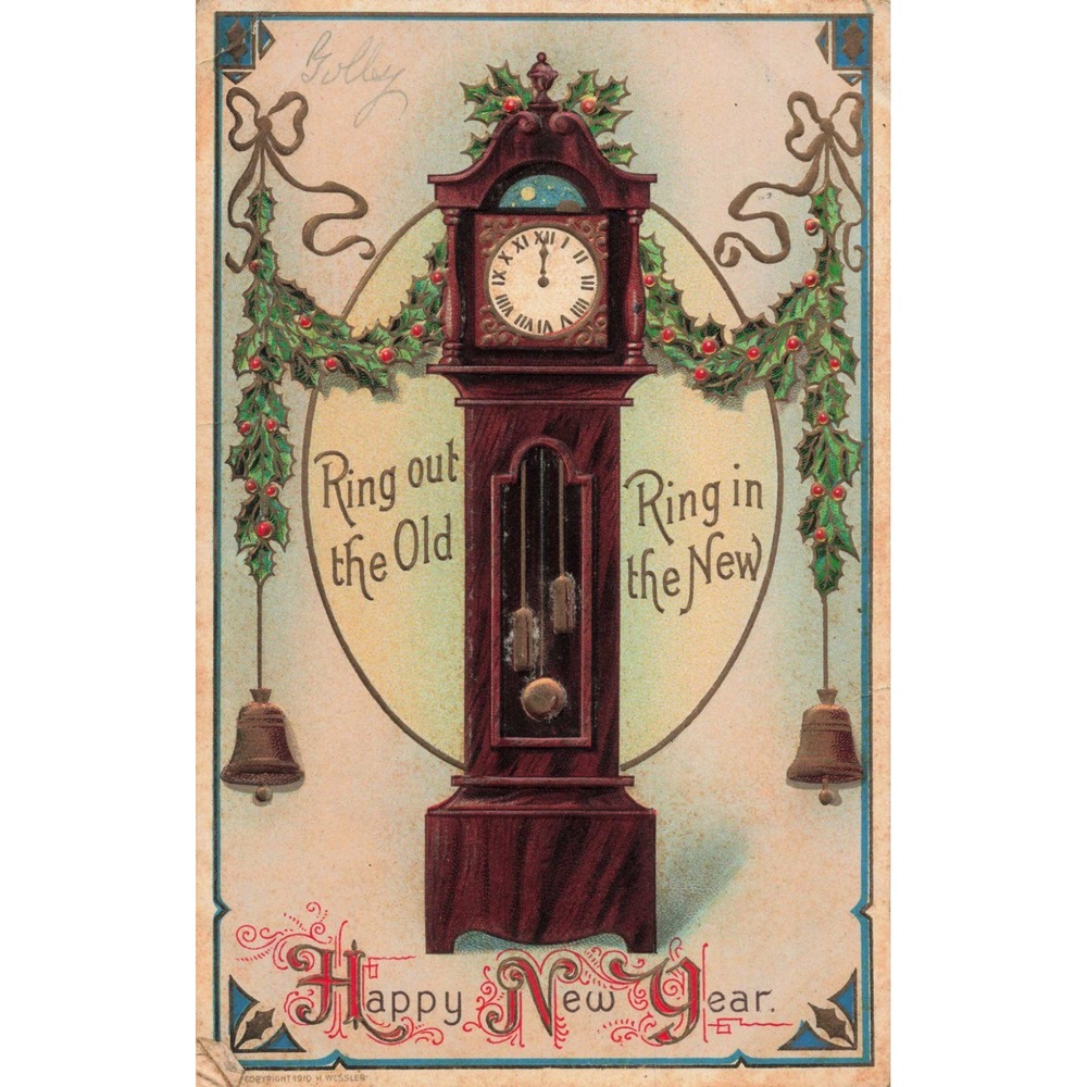 Vintage 1910 Happy New Year Postcard Grandfather Clock Holly Embossed H Wessler